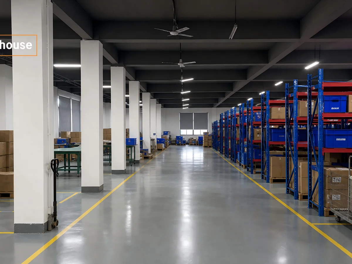 Warehouse storage and carton preparation area