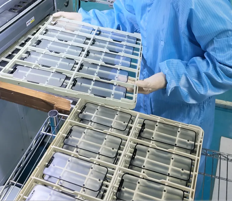 Phone cover glass trays in Jihang cleanroom